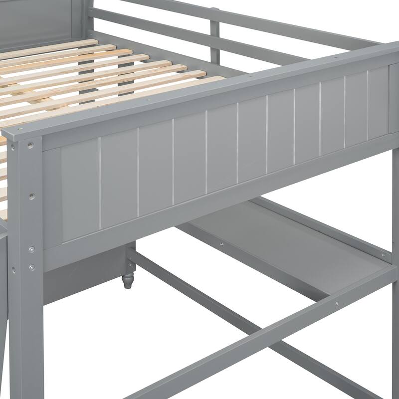 Full Size Loft Bed with Drawers and Writing Desk, Wooden Storage Bed with Shelves, Safety Guardrails and Ladder