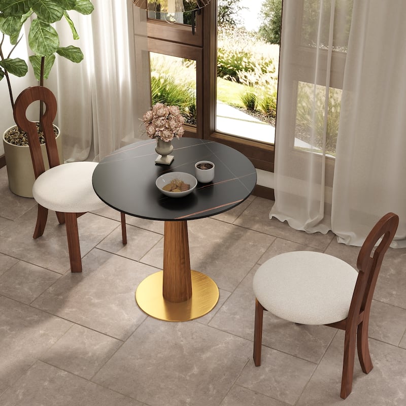 33" Retro Round Side Table, Glass & Sintered Stone Tabletop Dining Table with Solid Wood Pedestal - Marble Tabletop-Black