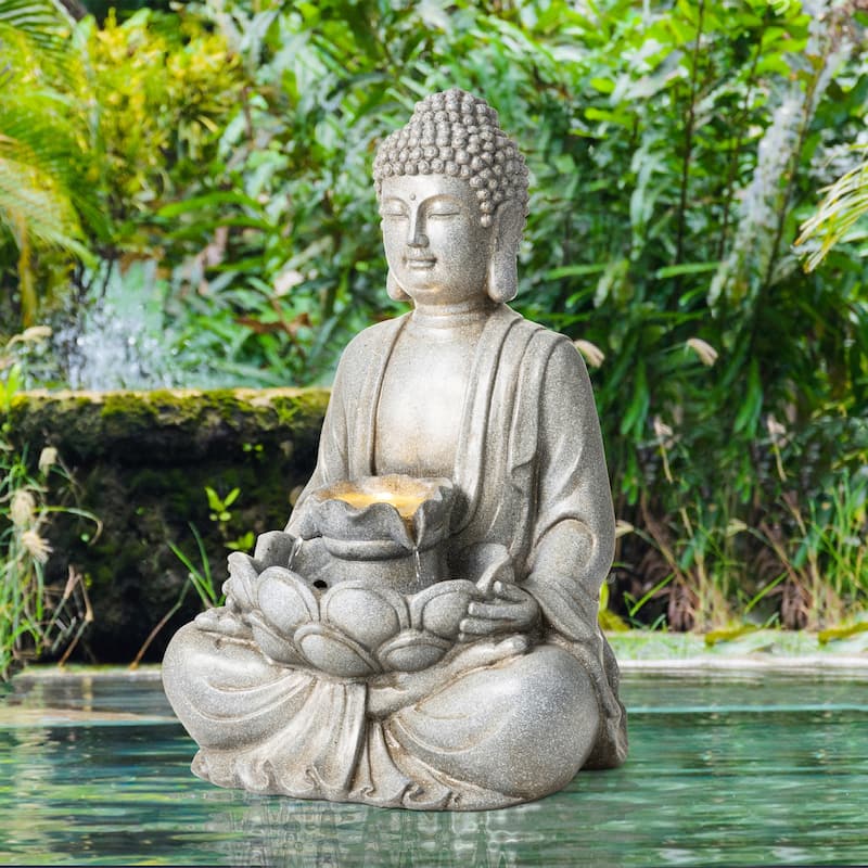 Glitzhome 28.25"H Zen Style Meditating Buddha Statue Patio Fountain with LED Lights - 28.25"