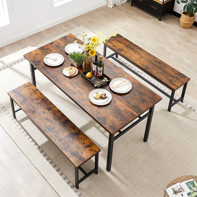 Rectangular 3PC Sets Fixed Dining Table Set with Bench Seating and