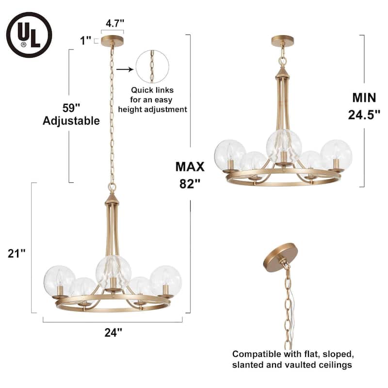 Mid-century Modern 5-Light Wagon Wheel Dining Room Chandelier Globe Seeded Glass Kitchen Island - 24" D x 21"H