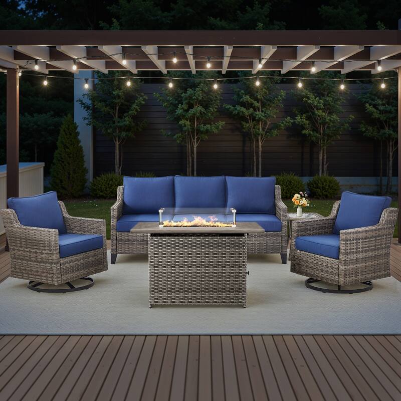 Pocassy Outdoor Swivel Chair with Sofa with Fire Pit Table - Blue Cushion Gray Wicker - 5-Piece Sofa Siwvel Chair w/ Fire Pit Table