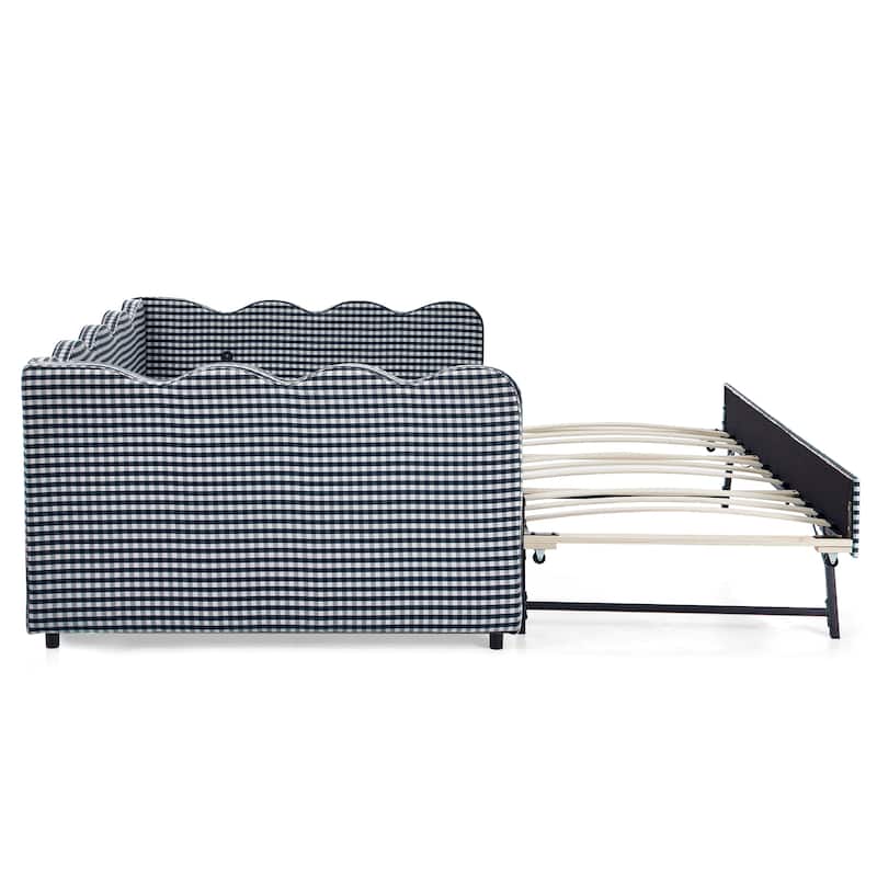 Full Size Gingham Daybed with Twin Trundle, USB Port, Wave Shaped Design & Linen Fabric - No Box Spring Needed