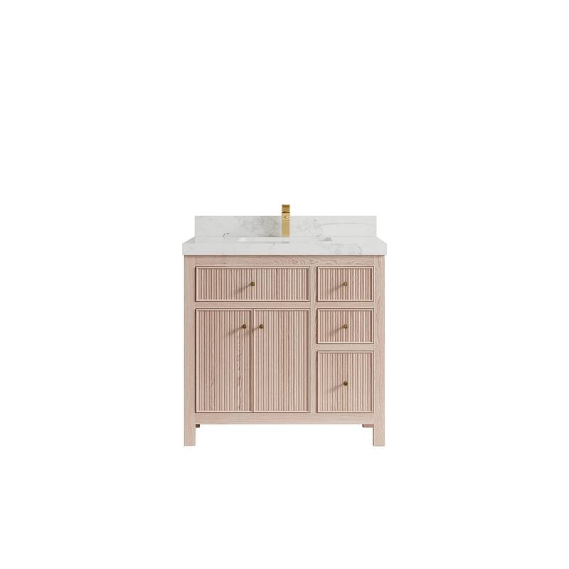 Willow Collections 36 x 22 Sonoma Oak Wood Center Sink Left Bathroom Vanity with Quartz or Marble Countertop - 2"Calacatta Nuvo - White Oak