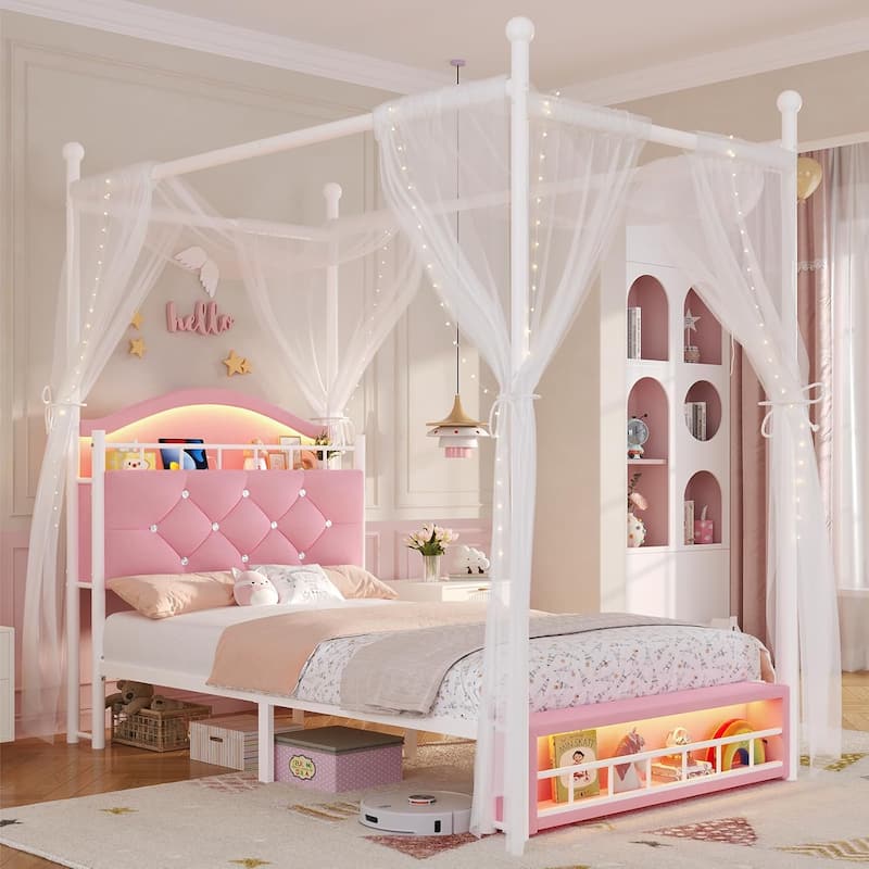 Canopy Bed Frame LED Lights Charging Station Velvet Platform Bed - Full