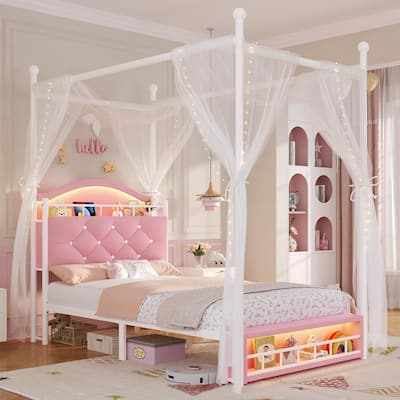 Canopy Bed Frame LED Lights Charging Station Velvet Platform Bed