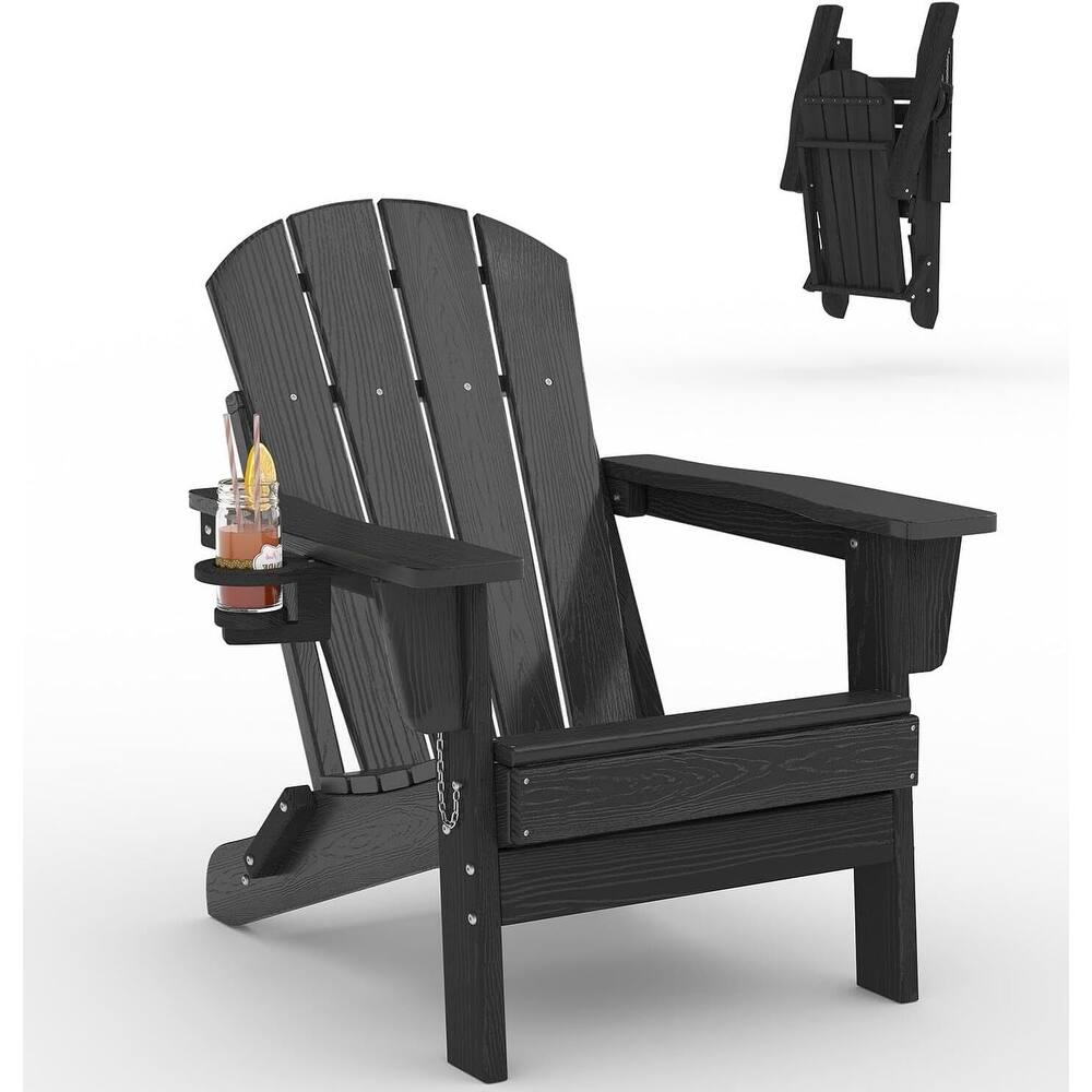1-PieceHDPE Folding Adirondack Chair All-Weather Wood-Look with Cup Holder