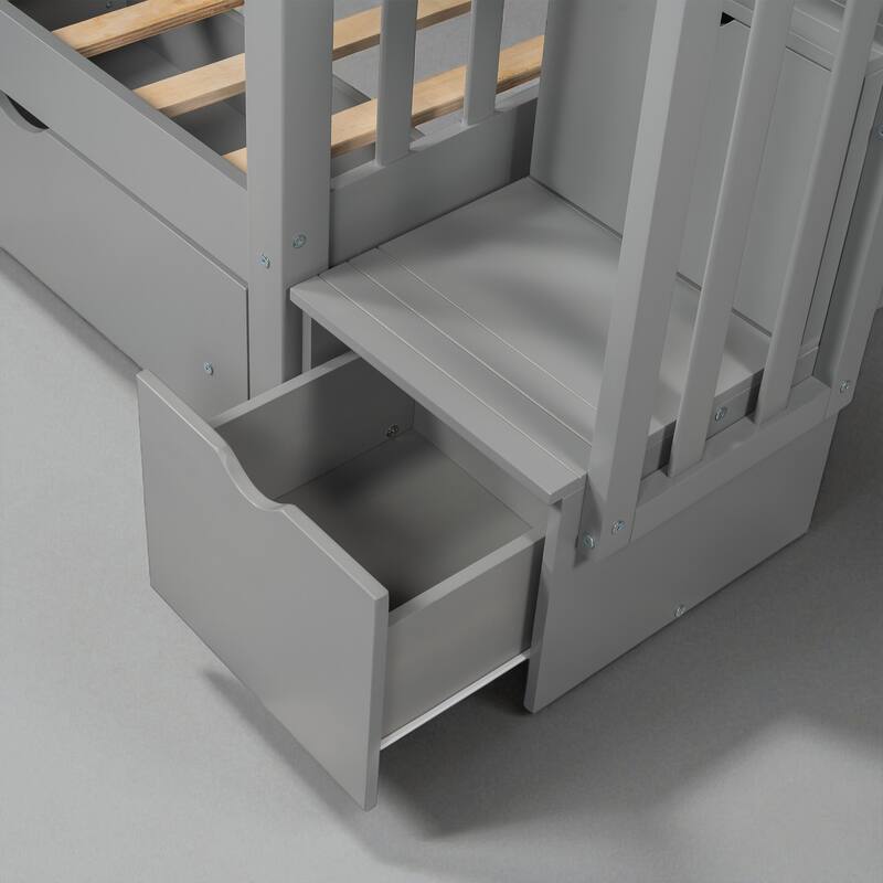 Full Over Full Bunk Bed with Staircase, Shelves, 6 Drawers, Storage and Safety Guardrails for Kids or Teens