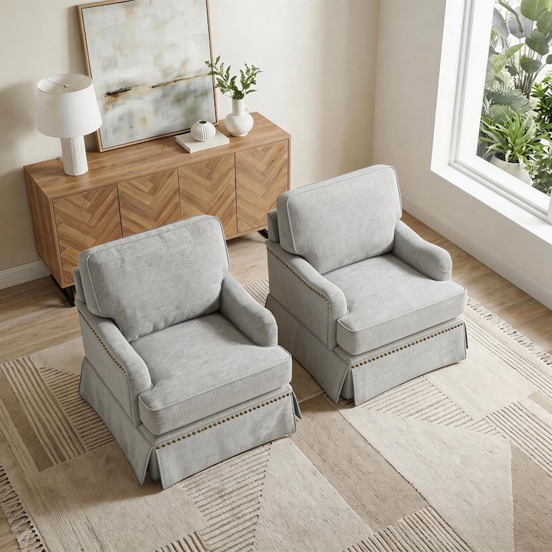 Set of 2 Chenille Swivel Accent Chair with Nailhead Trim Skirt