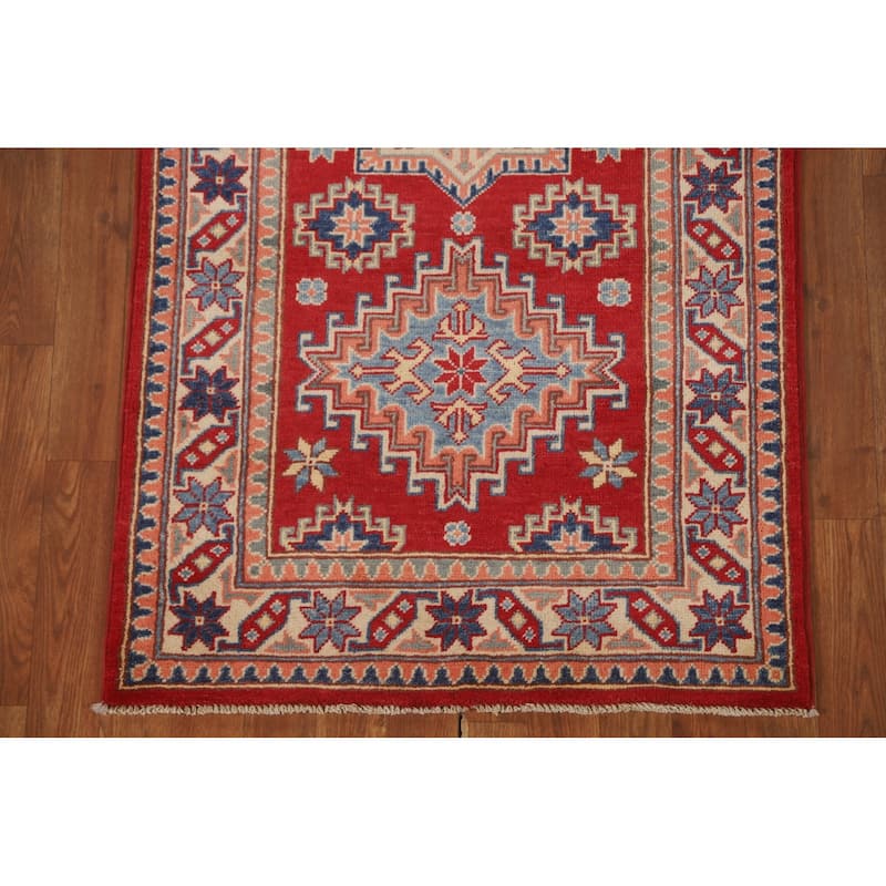 Geometric Red Kazak Runner Rug Hand-Knotted Wool Carpet - 2'9" x 8'0"