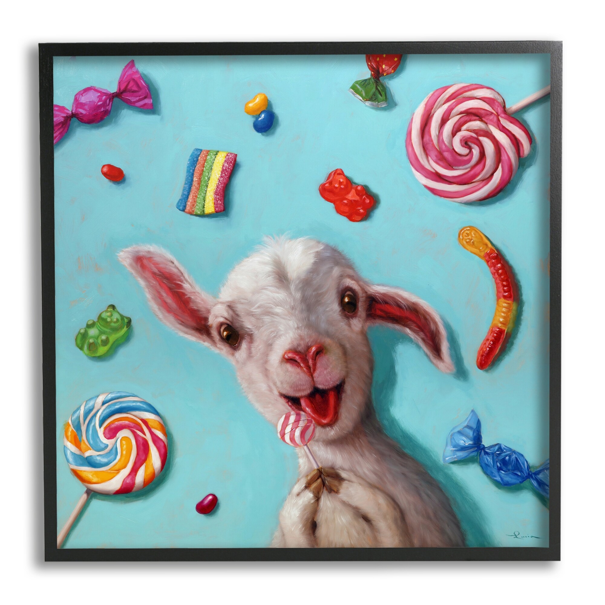 Stupell Happy Sheep with Candy Framed Giclee Art Design by Lucia Heffernan