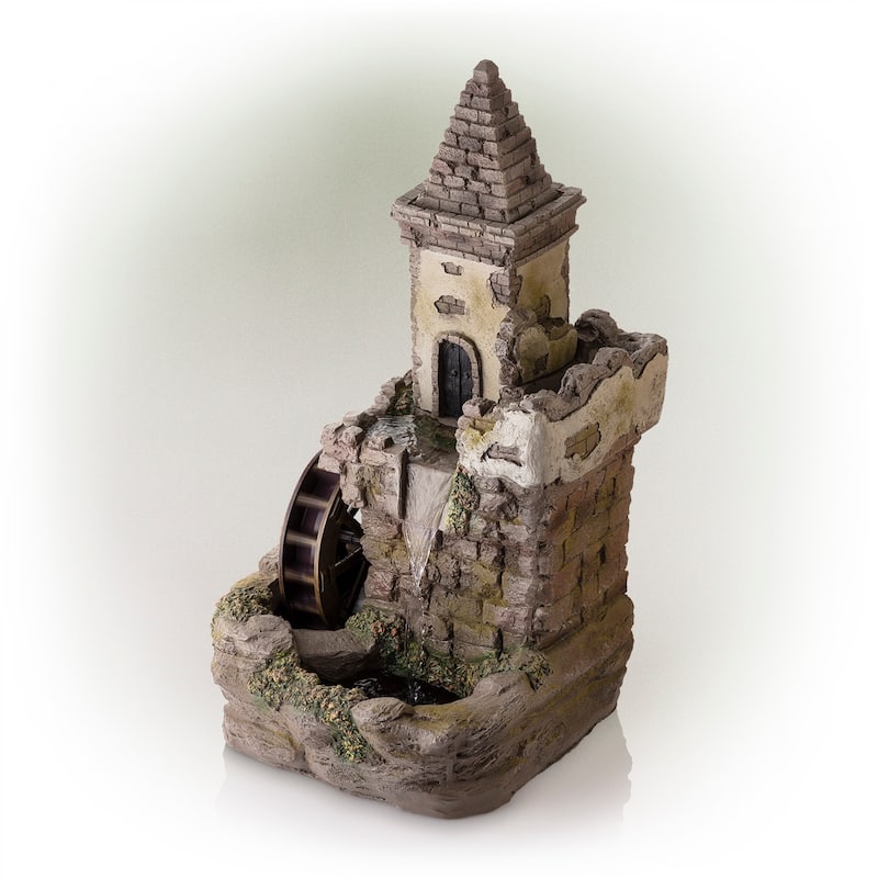Alpine Corporation USA1368 35" Brown Tower Castle Fountain with Color Changing LED Lights