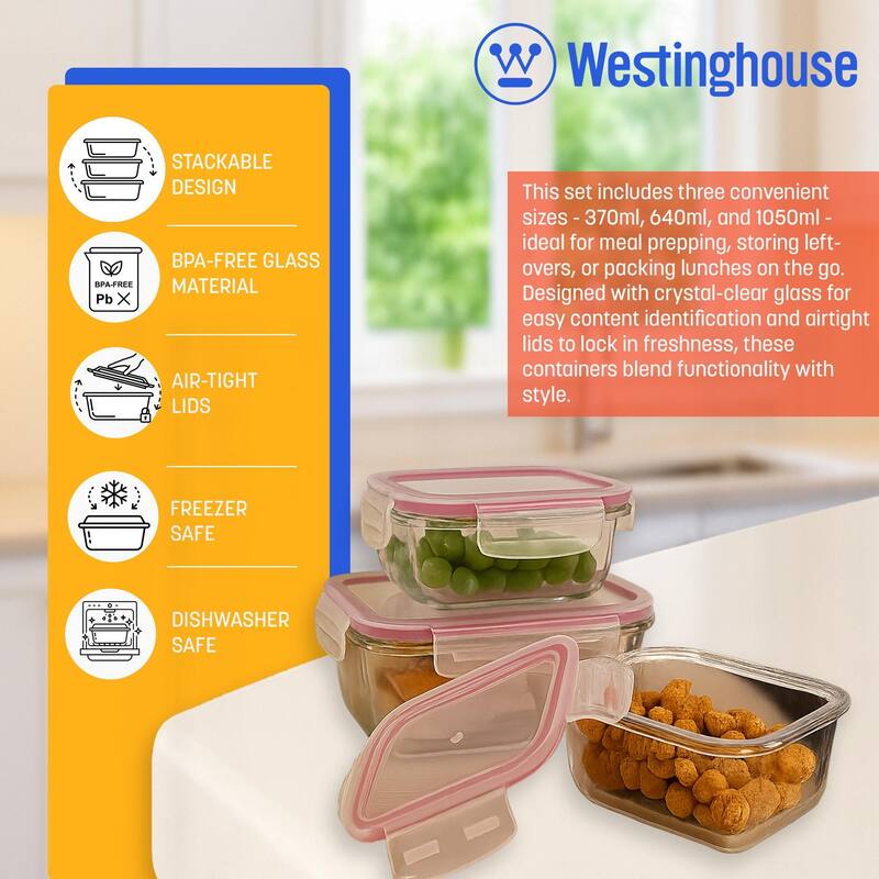 Westinghouse 3-Piece Glass Food Storage Container Set - 370 to 1050ml