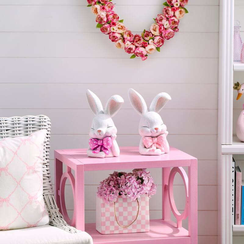 11" Resin Bunny With Polka Dot Bowtie Set of 2