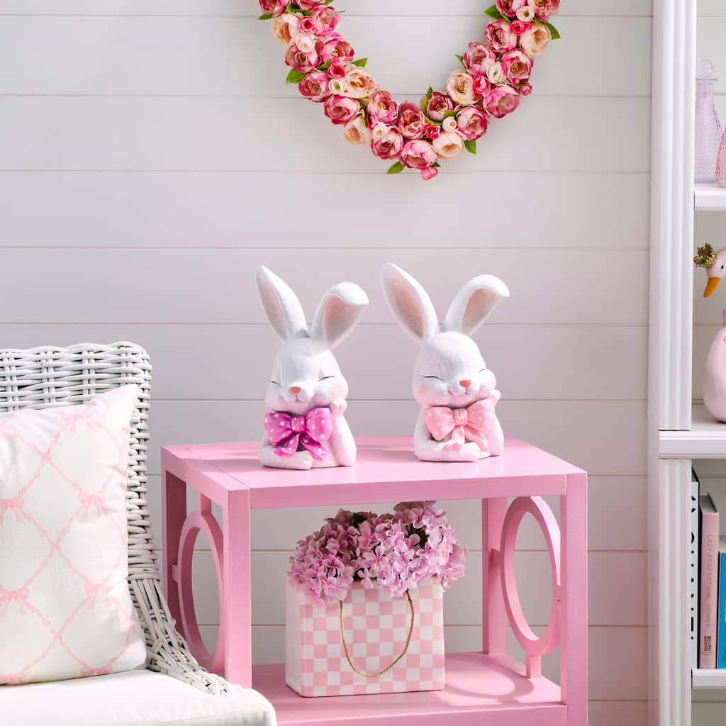 11" Resin Bunny With Polka Dot Bowtie Set of 2