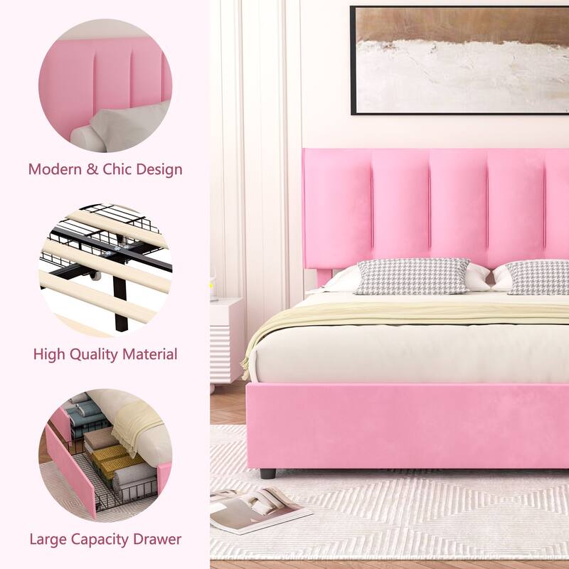 Javlergo Bed Frame with Storage Drawers, Upholstered Platform Bed Frame with Adjustable Headboard