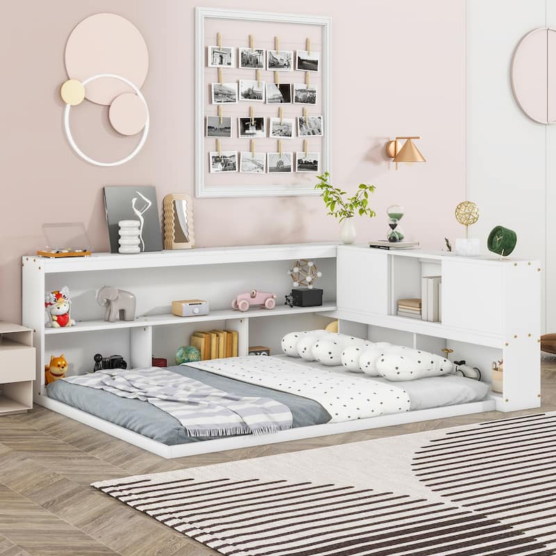 White Full Size Wood Floor Bed with L-shaped Bookcases, sliding doors, without slats - White