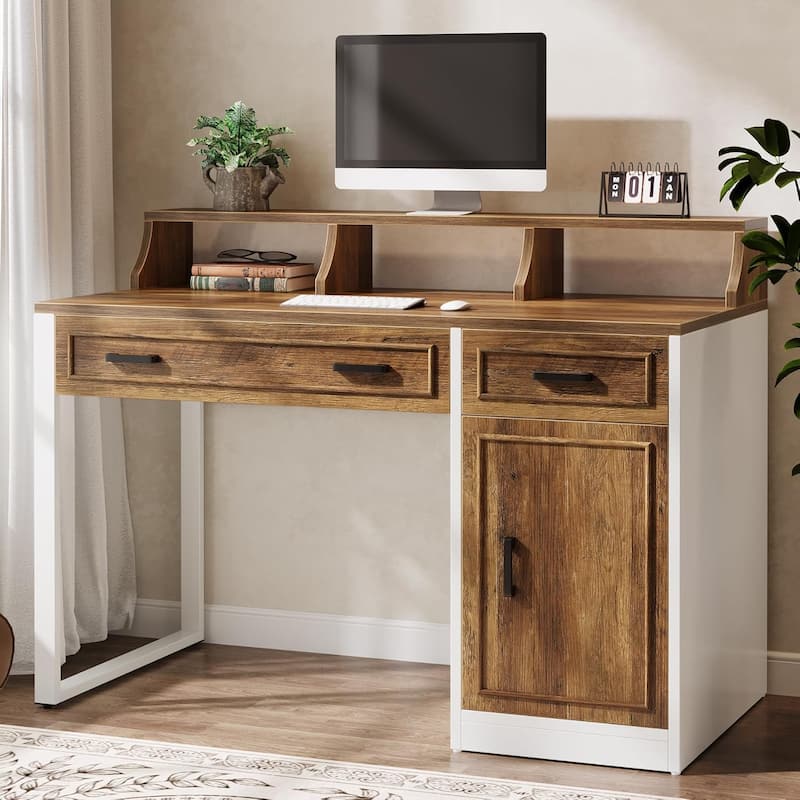 Computer Desk with Drawers & Hutch, Modern Executive Office Desk with Storage Door Cabinet
