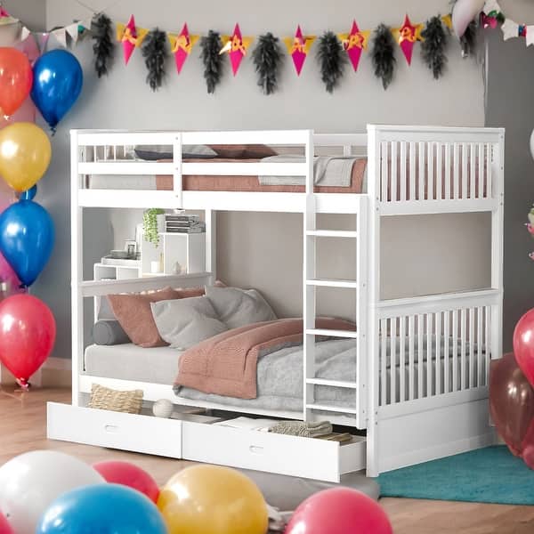 slide 2 of 12, Elegant Twin over Twin Bunk Bed House Bed White