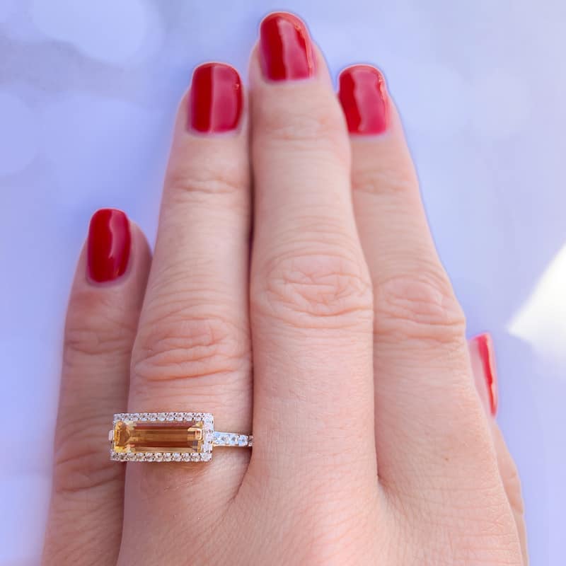 Miadora Yellow Gold Plated Sterling Silver Baguette Citrine and White Sapphire Halo Bar Ring