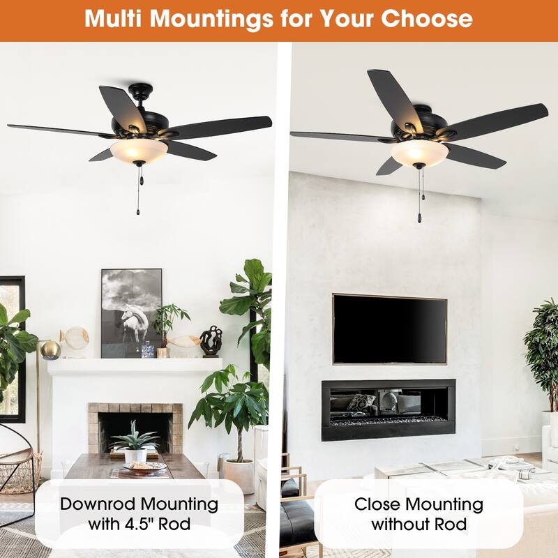 52" Black Dual Mounting Ceiling Fan with LED Light and Pull Chain