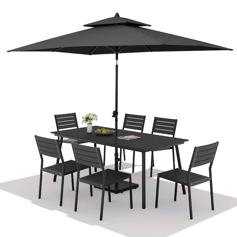 9PC Outdoor Patio Dining Set Aluminum Table with Stackable Chairs w/ Premium Market Umbrella Sets