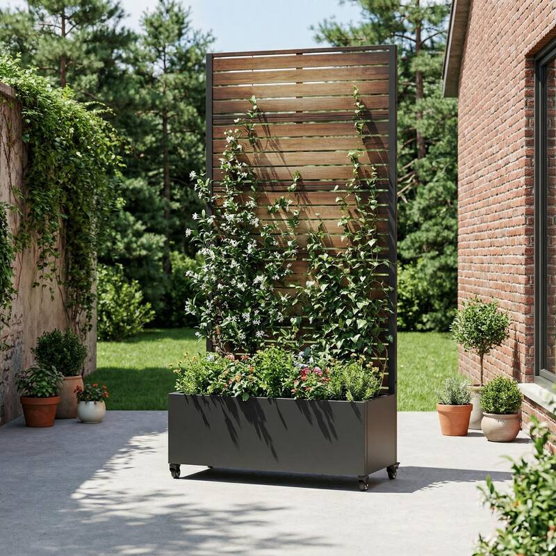 Metal Planter Box with Trellis Privacy Screen Planter Box with Lockable Wheels - Brown - 72"x35"