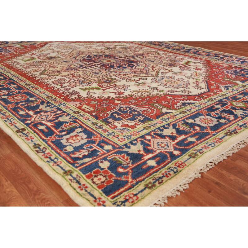 Hand Knotted Oriental 100% Wool Carpet Traditional Medallion Beige & Ivories Heriz (serapi) Area Rug - 9' 10'' X 7' 11''