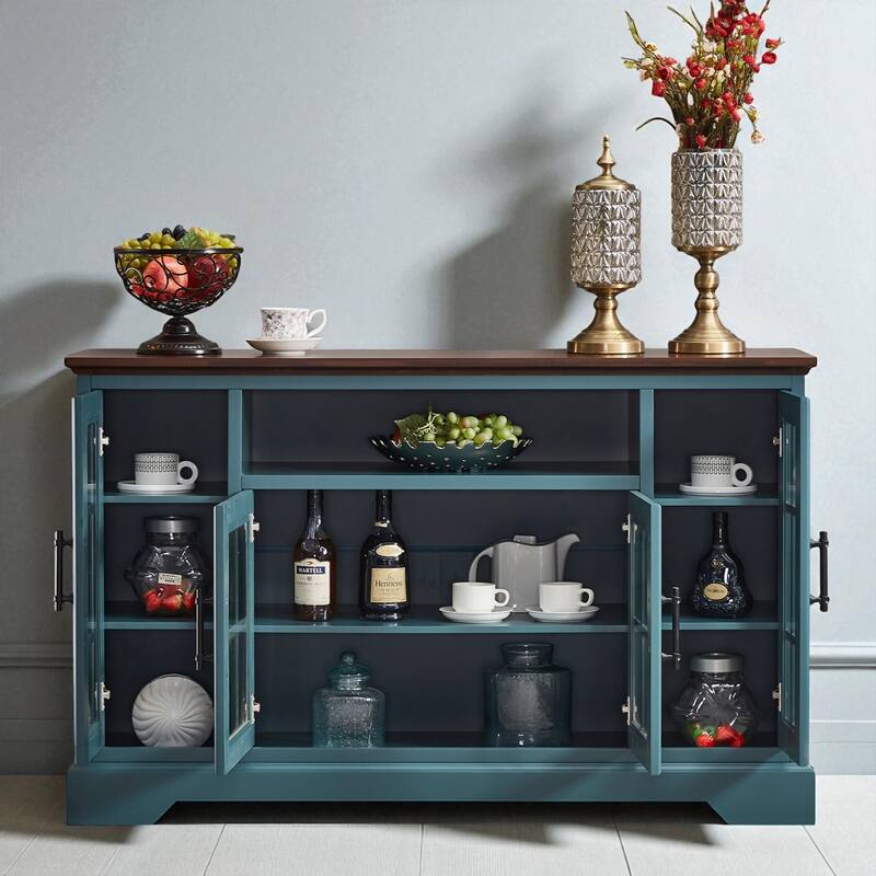 52" Buffet Table Sideboard with 4 Tempered Glass Doors, 5 Adjustable Shelves, and Cable Management