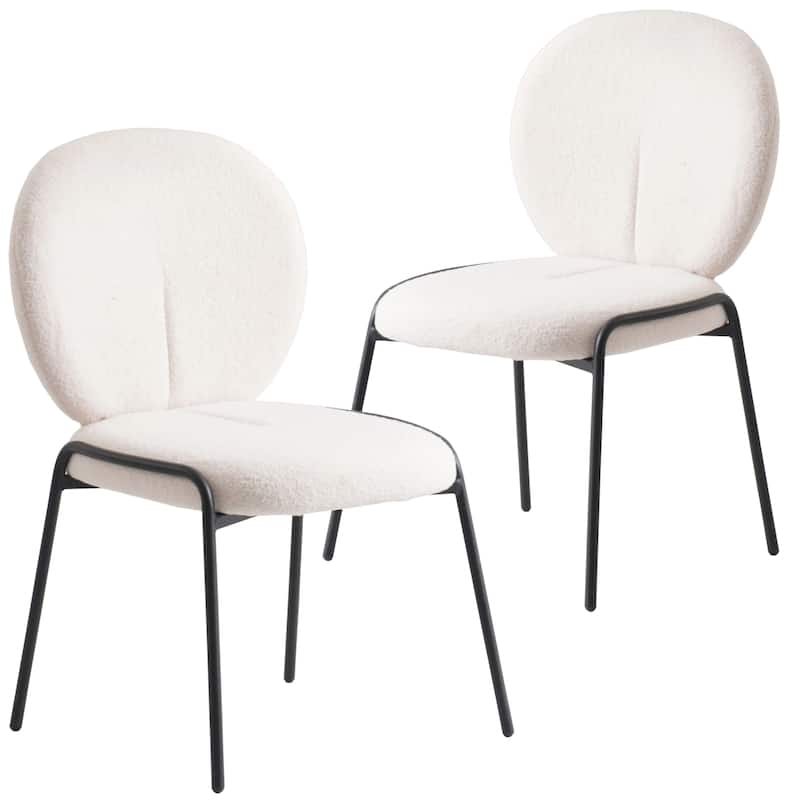 Celestial Modern Boucle Dining Chairs - Upholstered Accent Side Chairs with Black Powder-Coated Iron Frame Set of 2 - White