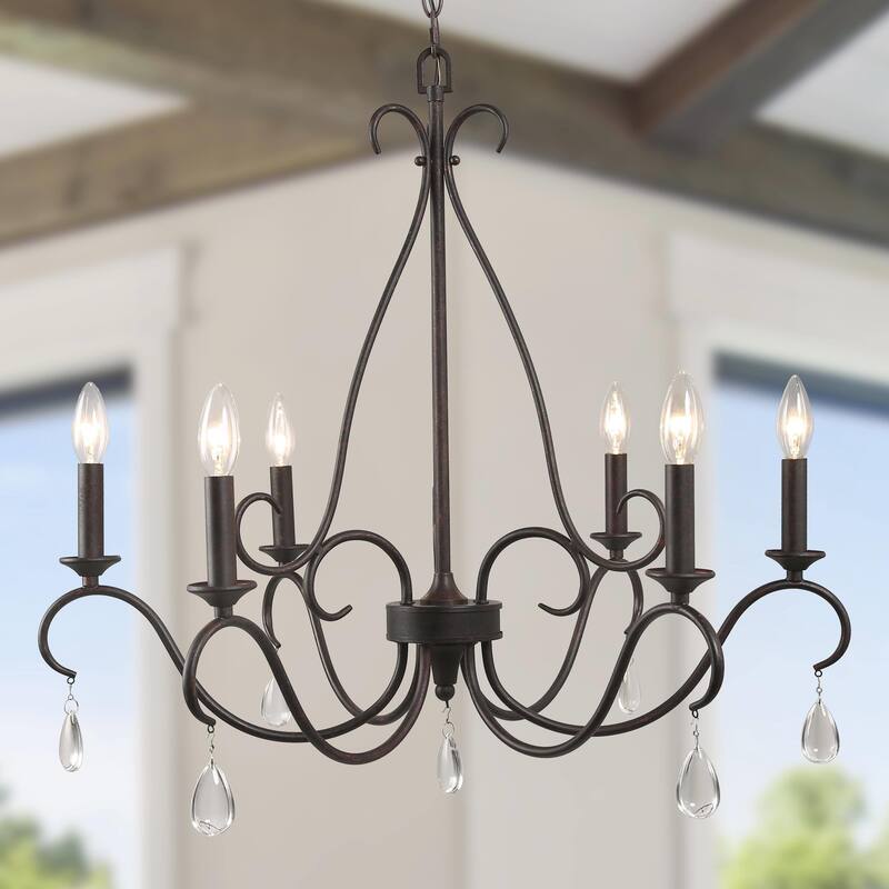Modern Farmhouse 6-Light 28" Classic Candle Chandelier with Crystal Drop - D28" x H25.5"