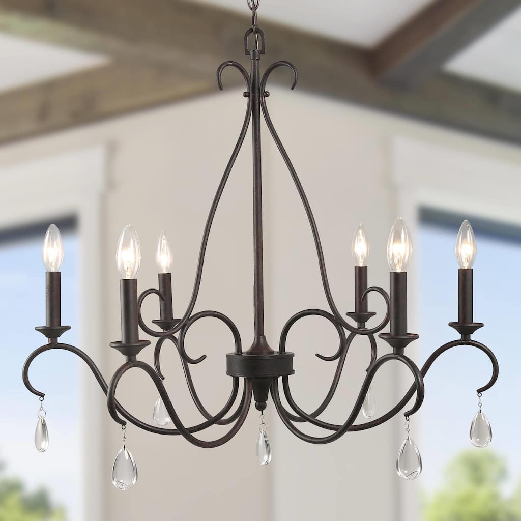 Modern Farmhouse 6-Light 28" Classic Candle Chandelier with Crystal Drop - D28" x H25.5"