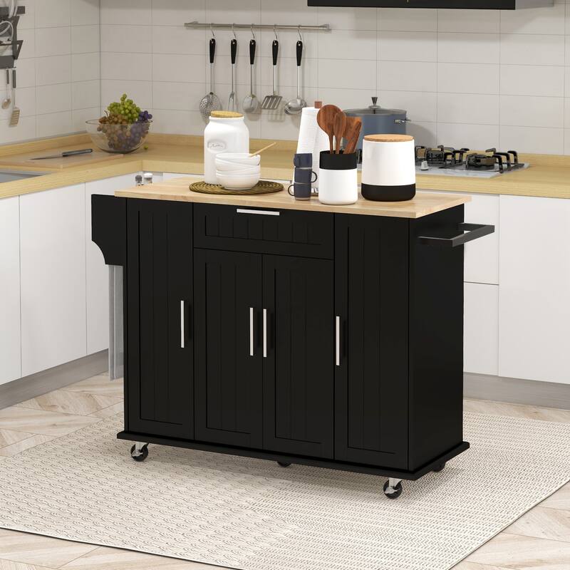 Kitchen Island on Wheels, Rolling Cart with Rubberwood Top, Drawer, Spice Towel Rack, Storage Cabinet with Adjustable Shelves