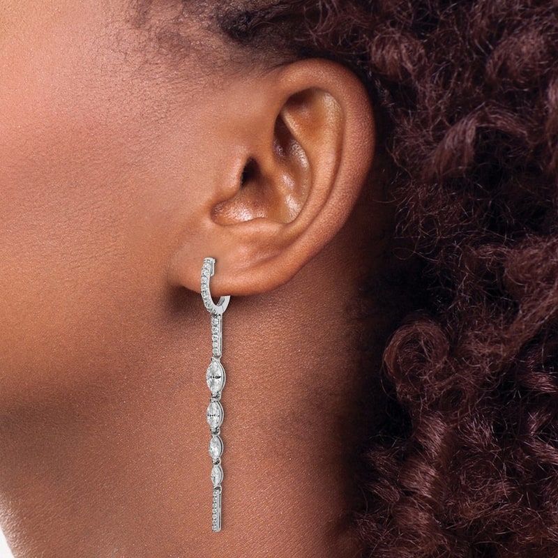 Curata 925 Sterling Silver CZ Cubic Zirconia 58.6x13.7mm Hinged Hoop Long Drop Dangle Earrings