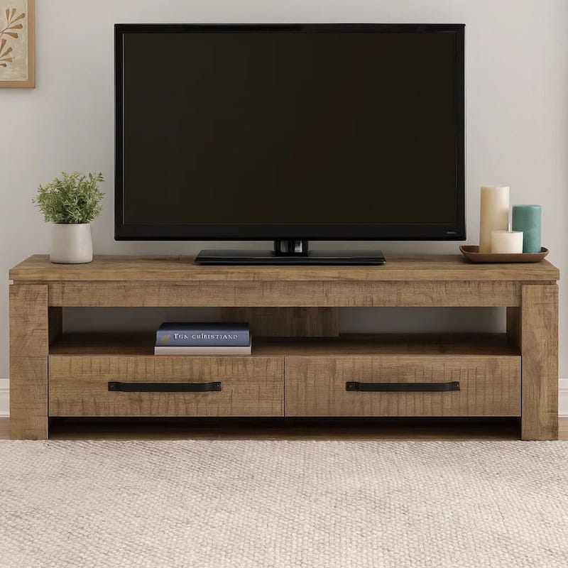 59 Inch TV Media Entertainment Console with 2 Drawers, Warm Wood Brown