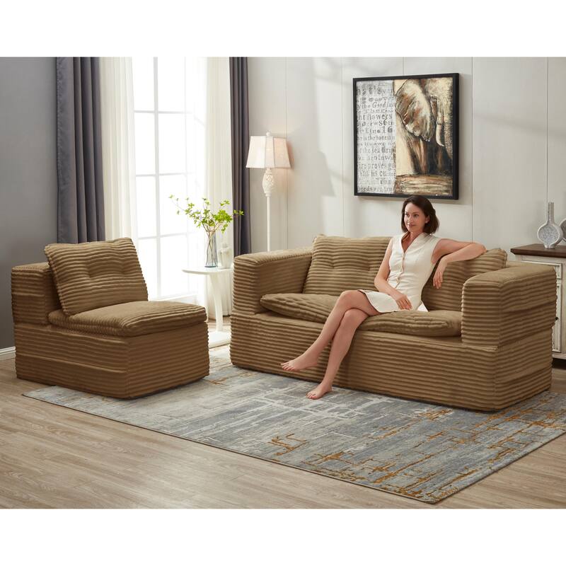 Convertible Floor Sofa Bed with Chaise Lounge, Corduroy 3-in-1 Sofa, Sofa to Bed with Dual-Purpose Blanket, No Assembly Required