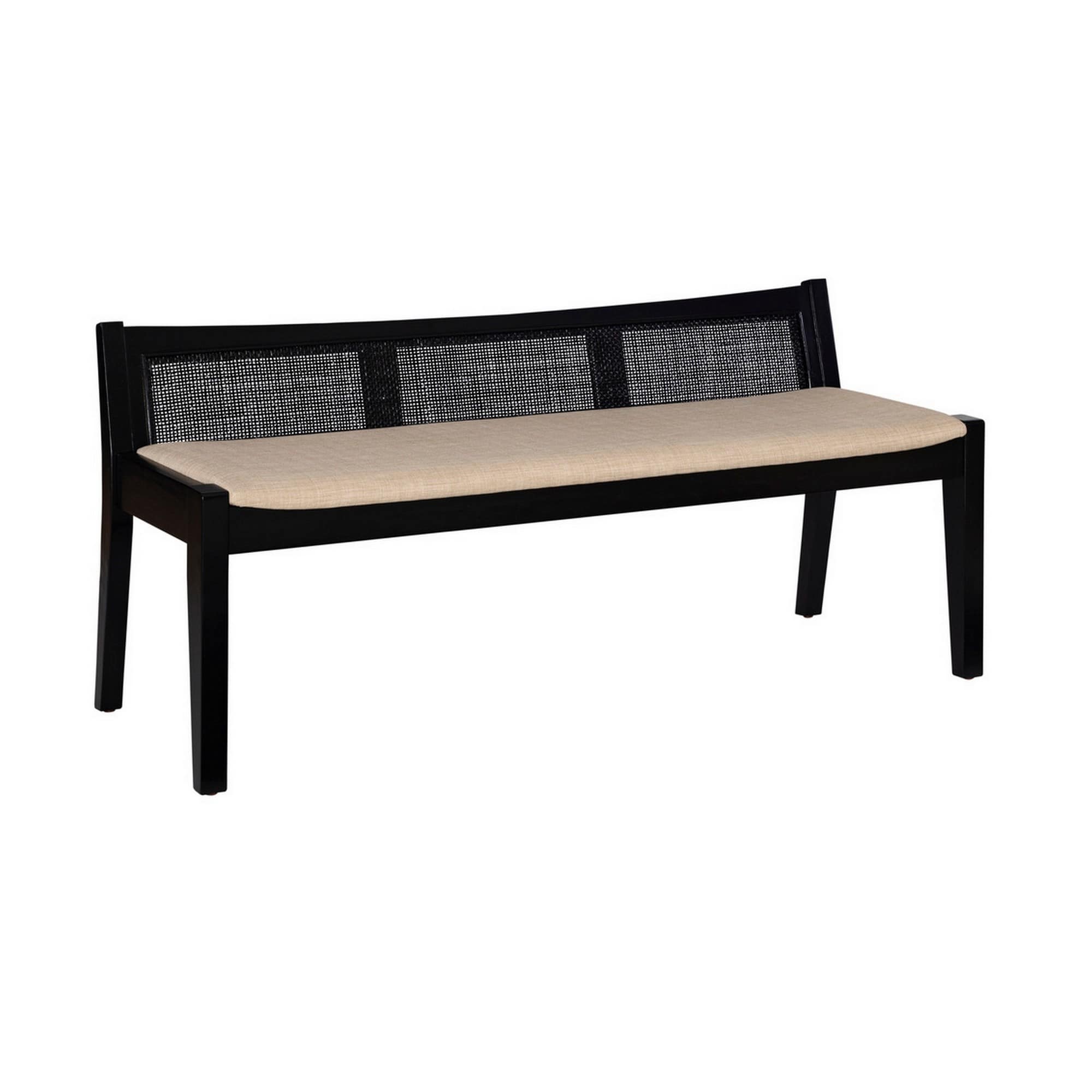 Nani 52 Inch Bench Settee Low Rattan Cane Back Beige Linen Seat Black