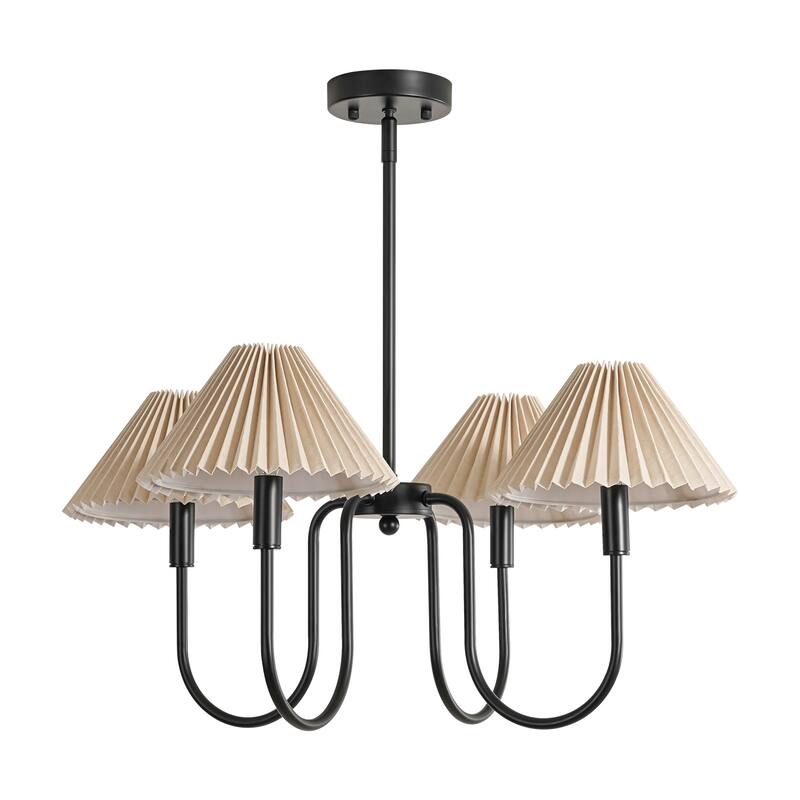 4-Light Mid-Century Modern Chandelier in Brushed Gold/Matte Black Chandelier with Pleated Shades for Living Room