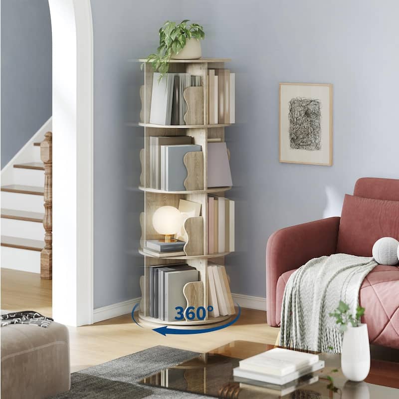4 Tier Rotating Bookshelf Tower, Spinning Corner Bookshelf for Small Spaces, Revolving 360° Bookcase Storage Rack Tower - natural