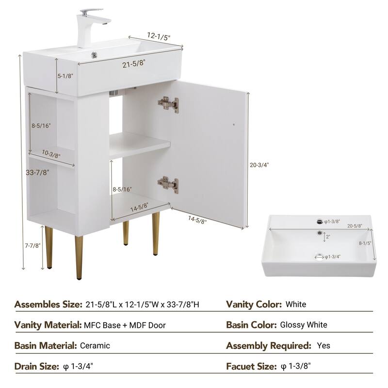 21.6" Open-Shelving Bathroom Vanity with Ceramic Sink and Cabinet