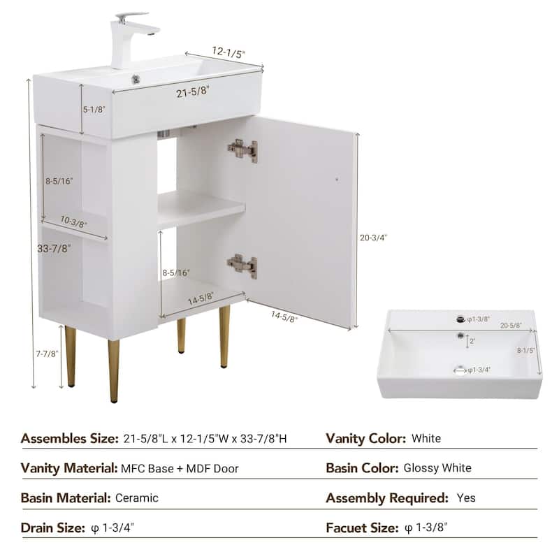 Small Bathroom Vanity with Sink, Narrow Depth Bathroom Vanities, Bathroom Cabinet with Open Side Shelves & Soft Closing Door
