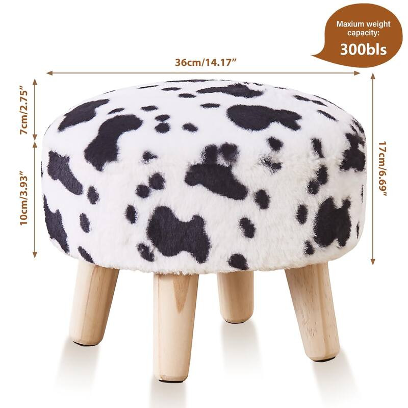 Plush Faux Fleece Round Ottoman Footstool with Wooden Legs and Cozy Seat for Living Room