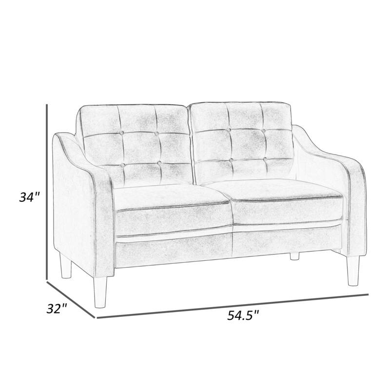 Orry 55 Inch Loveseat, Tufted Back, Brown Microfiber, Black Solid Wood