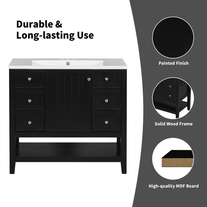 36" Bathroom Vanity with Sink Combo, One Cabinet and Three Drawers, Solid Wood and MDF Board