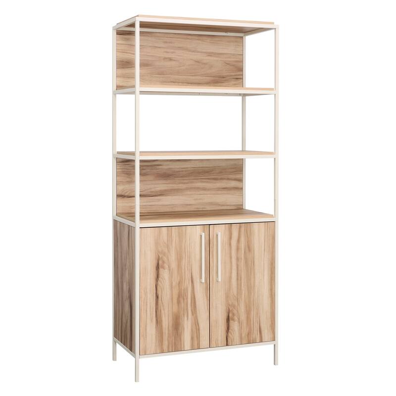 Wood Bookcase with Doors, Brown - 32.99" W x 17.13" D x 75.98" H