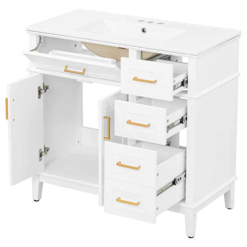 36" White Modern Bathroom Vanity with Ceramic Sink,Soft-Close Door,and 4 Storage Drawers