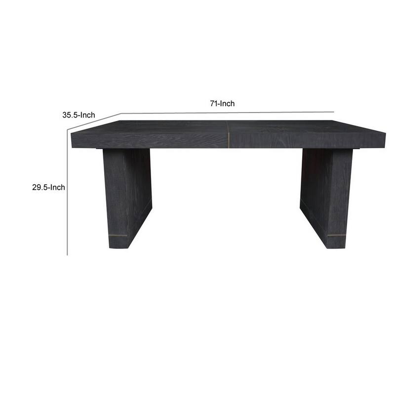 71 Inch Dining Table, Gold Brass Inlays, Rectangular Top, Black Wood