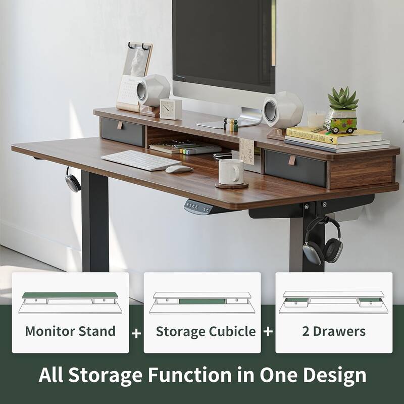 FEZIBO Height Adjustable Electric Standing Desk with Double Drawer, Stand Up Desk with Storage Shelf, Sit Stand Desk