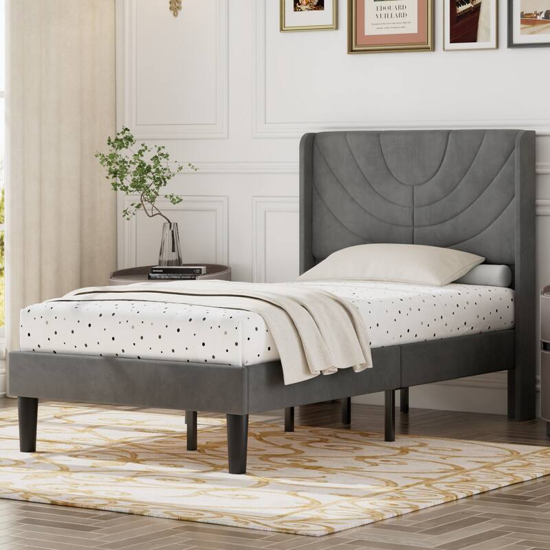 Javlergo Adjustable Dark Grey Platform Bed Frame with Modern Wingback Headboard No Box Spring Needed Heavy Duty Bed Frame - Twin