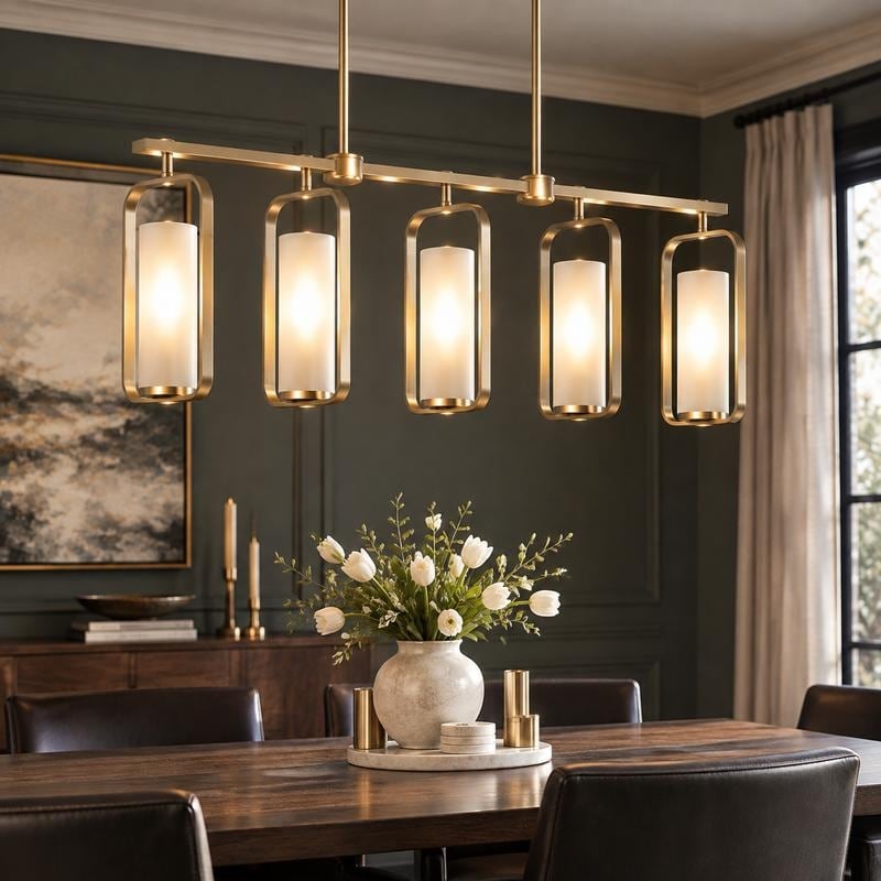 Siya Modern 5-Light Gold Linear Chandelier with Frosted Glass Shades for Kitchen Island Dining Room